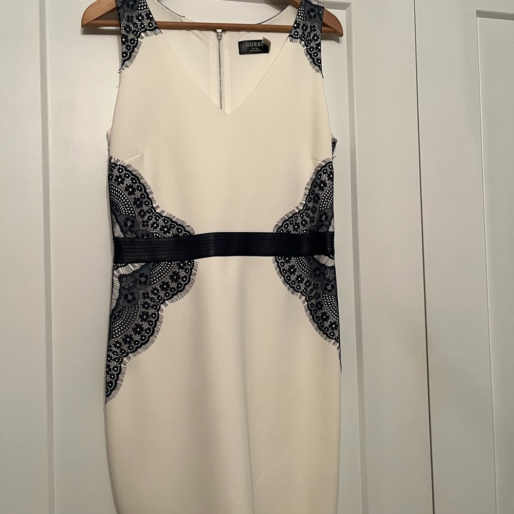 Guess Women's Cream and Black Lace Midi Dress